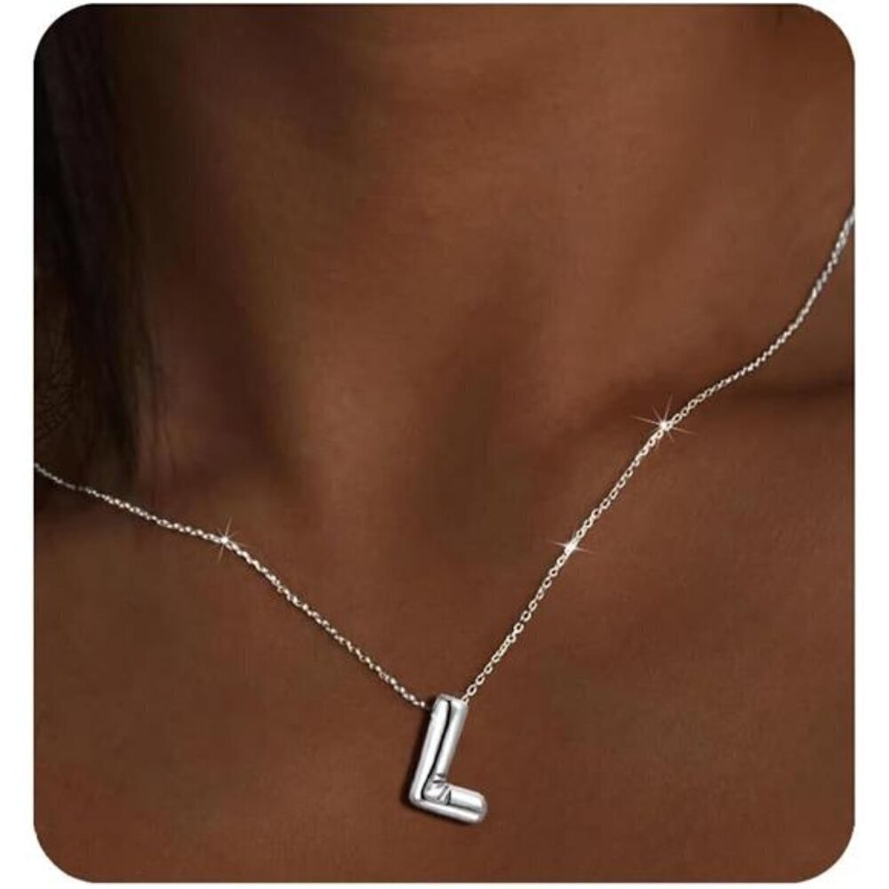 Silver Initial Pendant Necklace – Personalized Letter “L” Trendy Stuffed Bubble